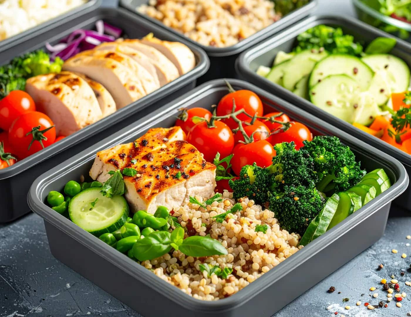 Meal-prep containers of grilled chicken, quinoa, broccoli, cherry tomatoes and cucumber