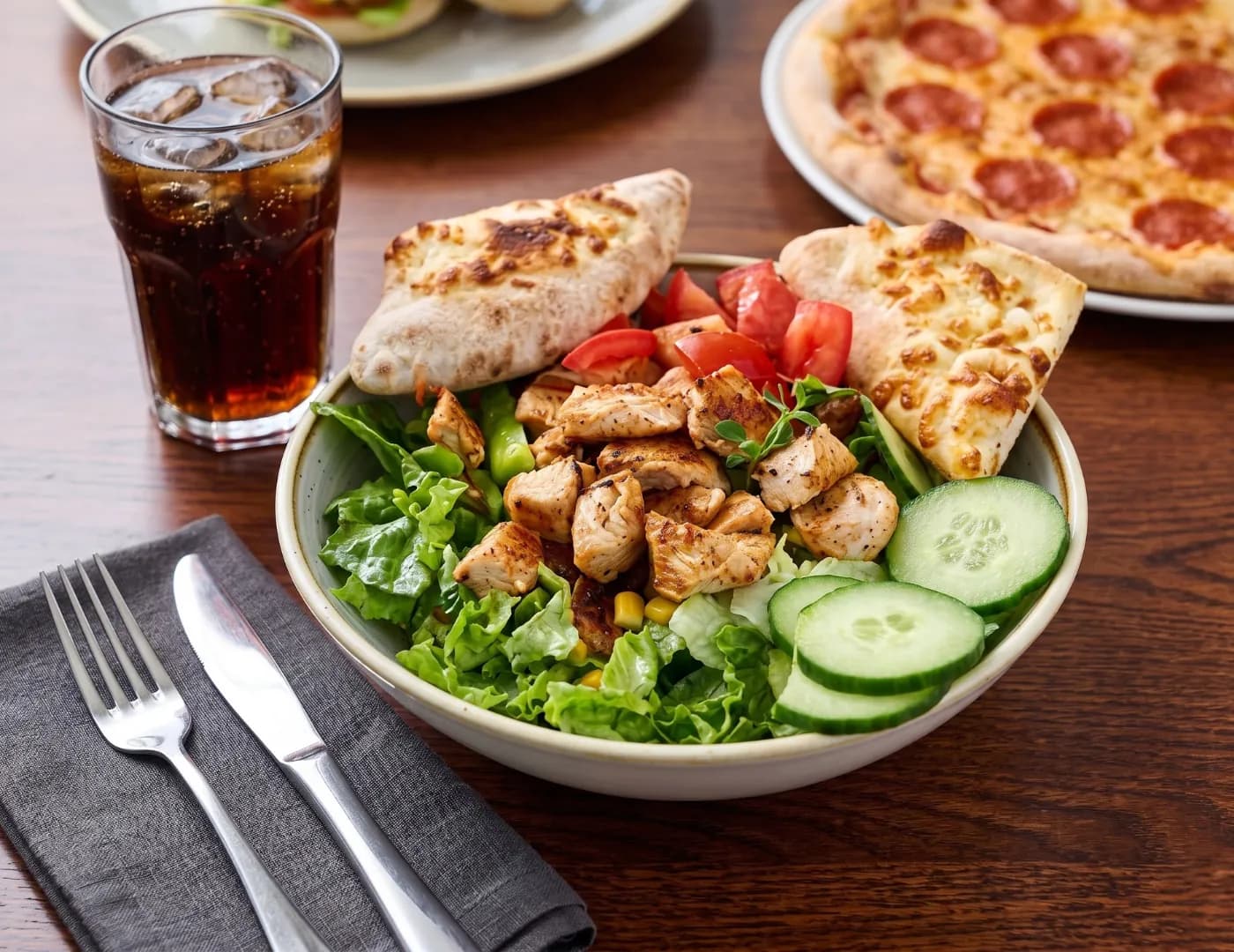 Leafy chicken salad with cucumber and tomato beside warm flatbread