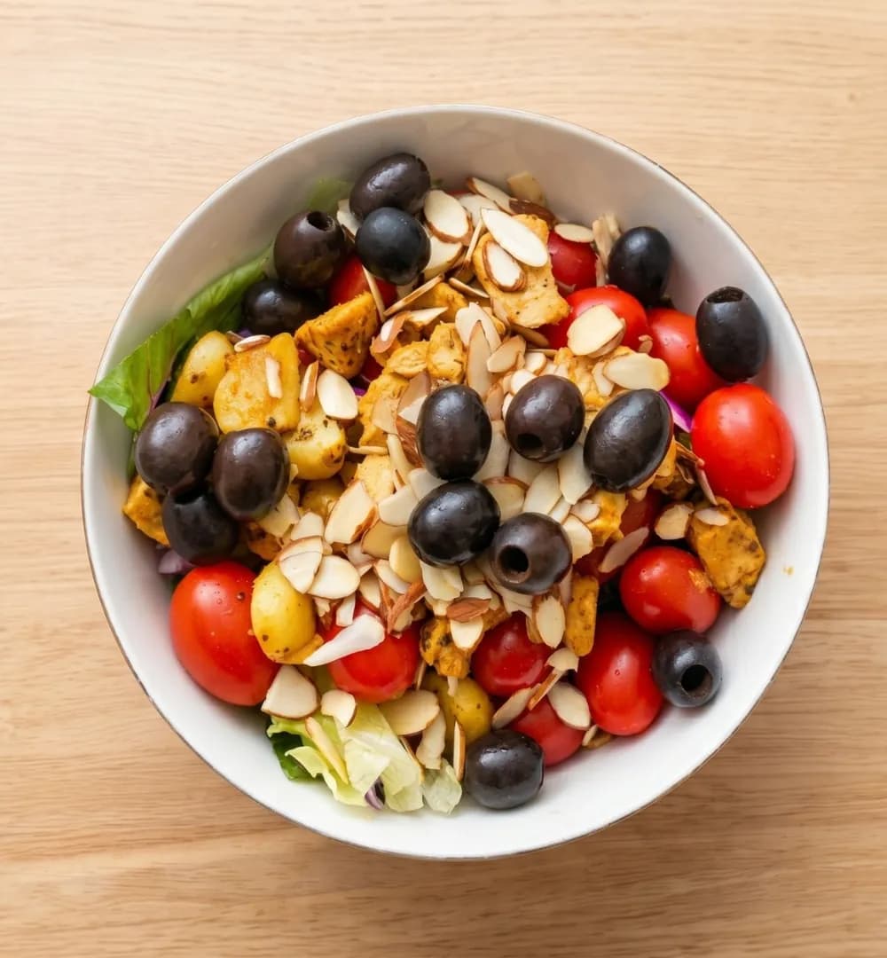 Bowl of chicken salad with cherry tomatoes, black olives and flaked almonds