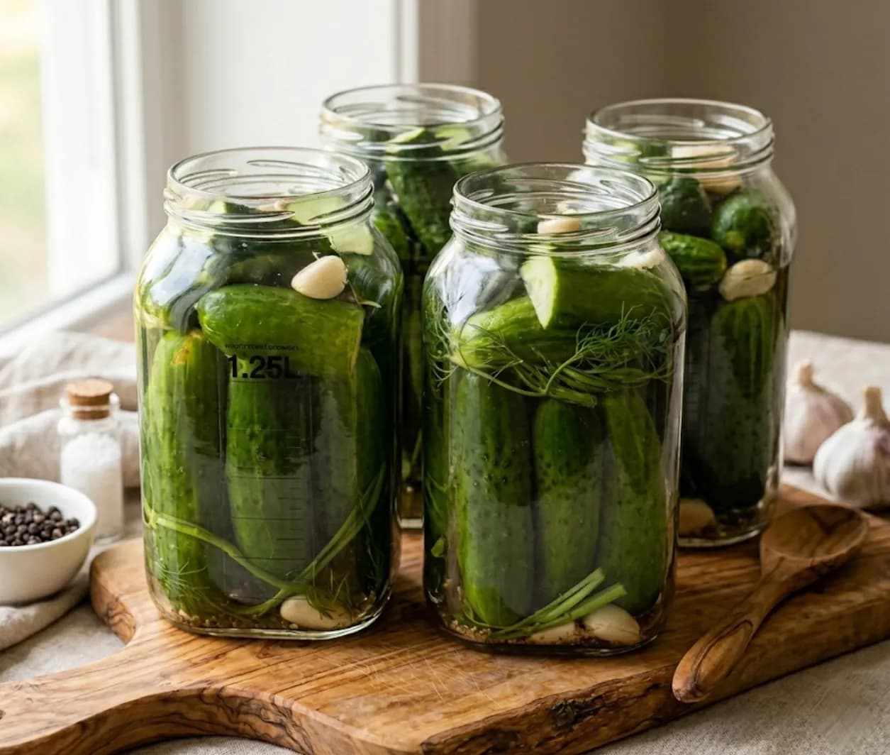 Four large glass jars of cucumbers fermenting in brine with garlic and dill