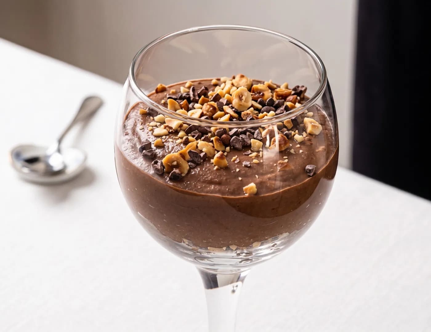 Glass of chocolate mousse topped with chopped nuts and cacao nibs