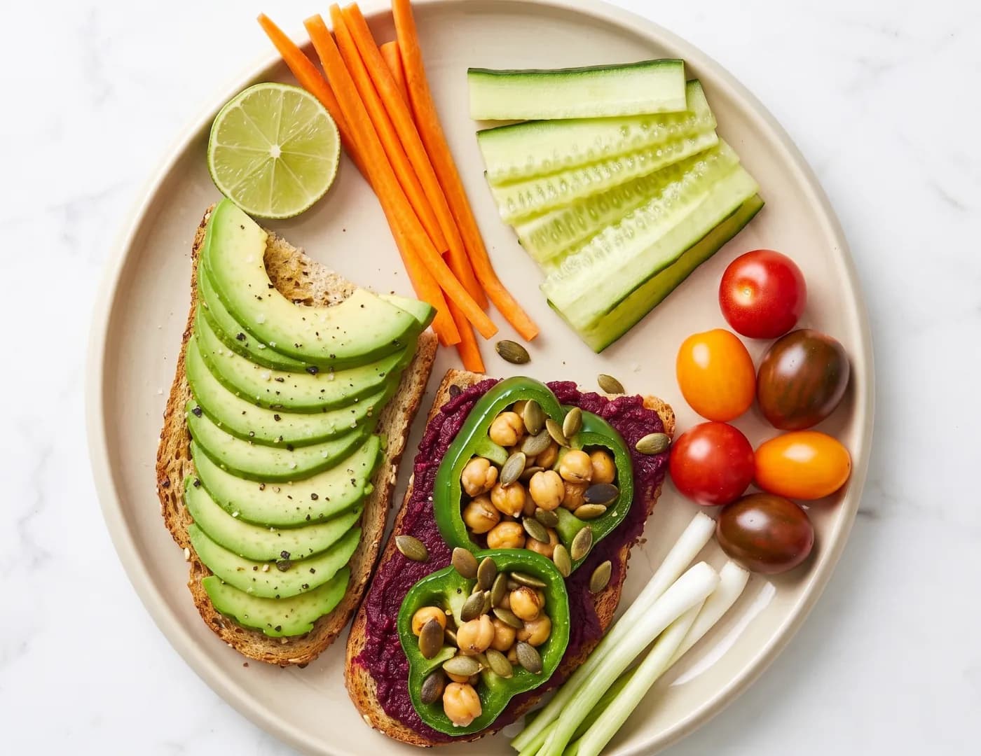 Avocado and beetroot-hummus toast with carrot sticks, cucumber and cherry tomatoes