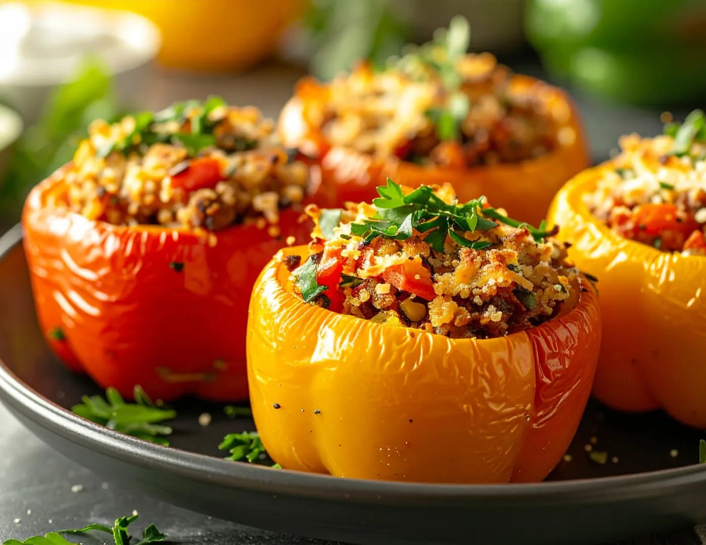 Plate of four roasted bell peppers stuffed with a quinoa-and-herb filling, topped with parsley